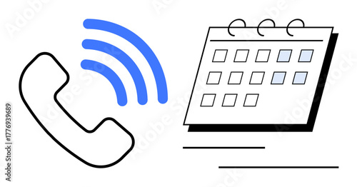 Black phone icon with blue sound waves next to a simple calendar. Ideal for communication, scheduling, planning, time management, meetings, appointments, organization, simple flat metaphor