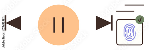 Playback buttons, pause icon, and fingerprint sensor with tick mark denoting secure access. Ideal for media control, security, fingerprint access, technology, authentication, usability simple flat