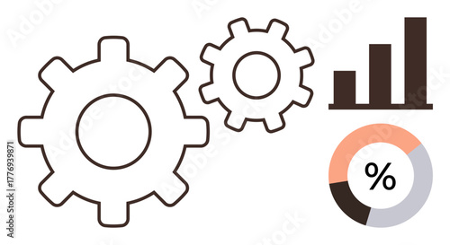 Gears adjacent to bar and pie charts emphasizing concepts of productivity, workflow, and analytics. Ideal for business, technology, efficiency, strategy, teamwork, progress visualization and data