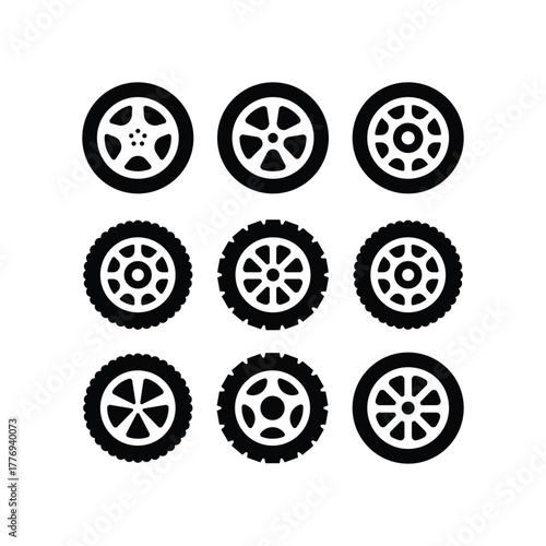 Set of nine black silhouette car wheel and tire vector icons showing various rim and tread designs