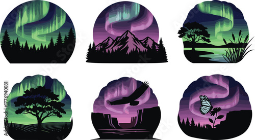 Aurora borealis landscape, northern lights illustration, forest, mountain, lake, desert, butterfly, silhouette, nature, night sky, vibrant colors, scenic view