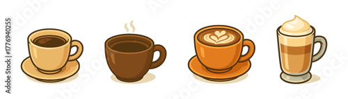 Coffee cups cartoon icons ,drink, cafe, morning, hot, beverage