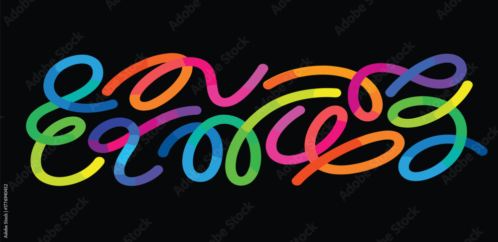 Obraz premium Vibrant abstract typography created with a continuous, flowing rainbow-colored line on a dark background, evoking a modern graffiti and neon light aesthetic