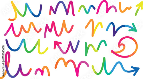 Collection of Colorful Hand-Drawn Wavy Arrows and Design Elements for Creative Projects