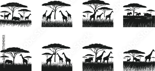 African wildlife silhouette, giraffes, elephants, antelopes, savanna trees, acacia landscape, nature scene, black vector animals, safari illustration, minimal art