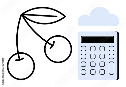 Cherry with leaves beside a cloud-topped calculator, combining natural and digital themes. Ideal for sustainability, technology, cloud computing, innovation, productivity, simplicity, digital nature