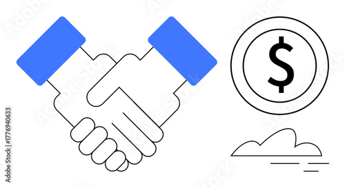 Handshake symbol for teamwork, dollar sign for financial growth, and minimalist cloud for dynamic opportunities. Ideal for business, collaboration, success, finance, partnerships, networking
