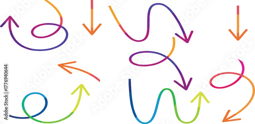 Dynamic and colorful set of hand-drawn squiggly arrows, illustrating varied directions and whimsical movement, ideal as playful graphic design elements or indicators