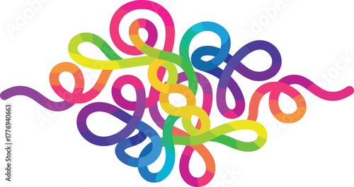 A vibrant, multicolored swirling line creating an intricate and playful knot design. Abstract graphic element for creativity and connection concepts