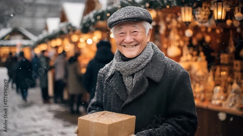 日本人高齢男性が雪の市場で荷物を持つ