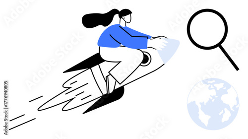 Woman riding a rocket symbolizing ambition and speed, magnifying glass for analysis, globe for global perspective. Ideal for innovation, exploration, research, progress, business growth, startup