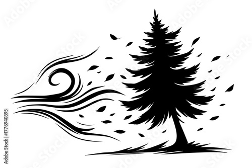 one pine tree in the middle with a silhouette of a gust of wind