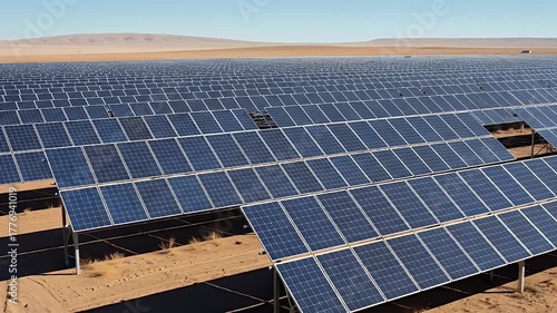 Solar Panels Stretching Across Desert Landscape Under Clear Blue Sky