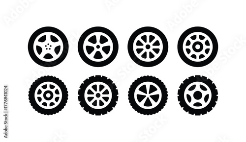 Eight black silhouette car wheel and tire vector icons, featuring various rim designs and automotive treads