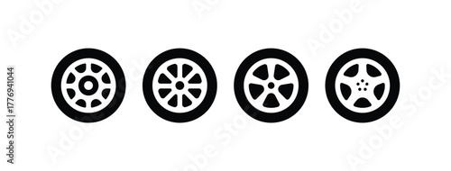 Four black car wheel and rim icons vector set, showcasing different alloy wheel designs for vehicles