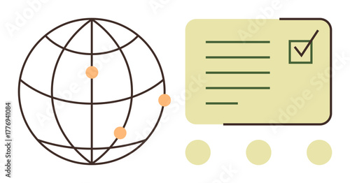 Globe with connection points next to a checklist, representing global collaboration, tasks, or project management. Ideal for business, technology, education, productivity, organization networking