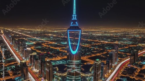 Kingdom Centre Tower: Riyadh's Illuminated Skyline at Night, Urban Majesty