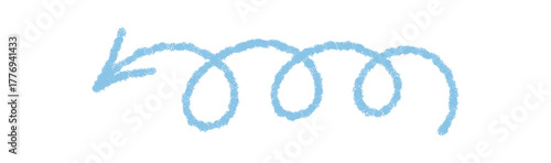 Wavy blue chalk arrow with swirl and hand drawn sketch style. Scribble element creates a sense of handdrawn turn, perfect as icon or arrow symbol in modern creative concept.