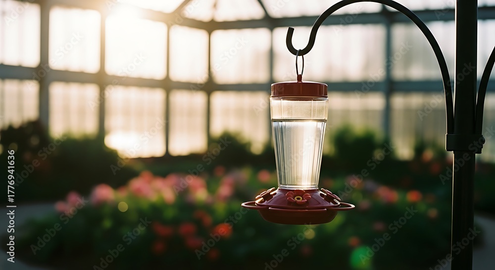 Fototapeta premium Hummingbird feeder hanging in a sunlit greenhouse garden setting.