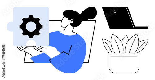 Woman examining gear-themed puzzle piece, signifying problem-solving. Adjacent laptop and plant represent work-life balance. Ideal for teamwork, productivity, innovation, strategy, collaboration