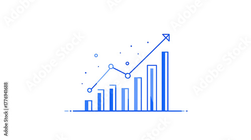 A blue and white graph with a line going up and a triangle pointing to the right