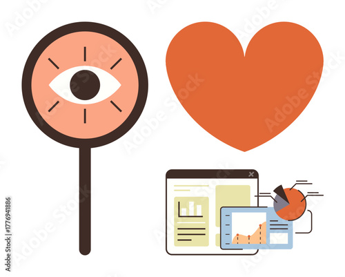 Eye highlighting vision, heart symbolizing emotion, and graphs on screens representing data analytics. Ideal for marketing, strategy, user research, creativity, branding insight growth. Simple flat