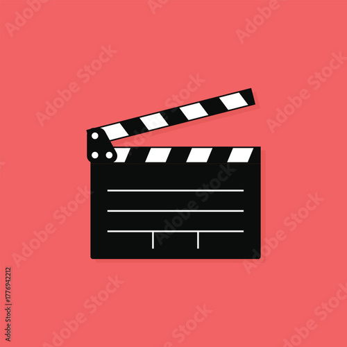 Open movie clapper board vector icon illustration on a trendy red background for film and cinema projects