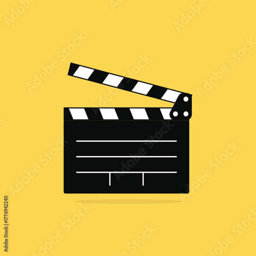 Open movie clapper board vector icon with shadow on a bright yellow background for film production
