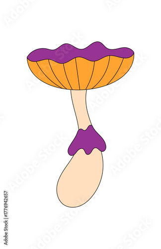 Groovy retro psychedelic mushroom in funky orange color. Cartoon shroom and magic groovy element in trippy y2k style. Funky sticker for fantasy or pop art concept, playful and colorful aesthetic.