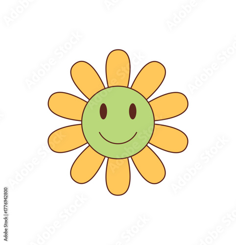 Groovy cartoon flower sticker with cheerful smile and cute happy face, embracing a retro hippie summer look. This pop art sunshine groovy element adds y2k feel for positive mood in unique style.