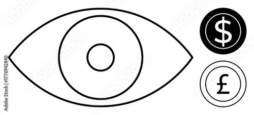 Eye shape next to dollar and pound currency icons reflecting financial awareness, wealth focus, and insight. Ideal for business strategy, investment, global finance, economic growth, vision, market