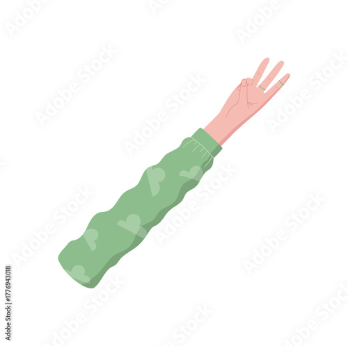 Flat style hand gesture with three fingers up. Arm with sleeve and palm expressing a number. Human hand and bare wrist in an isolated pose. Professional icon for counting, education, or math