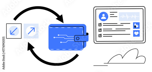 Wallet with tech circuits, arrows indicating data exchange, health profile chart. Ideal for technology, healthcare, data flow, integrations, automation, security finance simple flat metaphor
