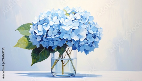 white hydrangeas, vast, painting, watercolor, still life, green, leaves, leaf, ambient, wall art