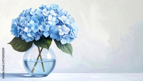 white, blue hydrangeas, painting, watercolor, still life, green, leaves, leaf, ambient, wall art, glass vase, flower arrangement 