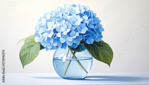 white, blue hydrangeas, painting, watercolor, still life, green, leaves, leaf, ambient, wall art, glass vase, flower arrangement 