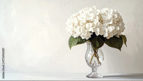 white hydrangeas, vast, painting, watercolor, still life, green, leaves, leaf, ambient, wall art