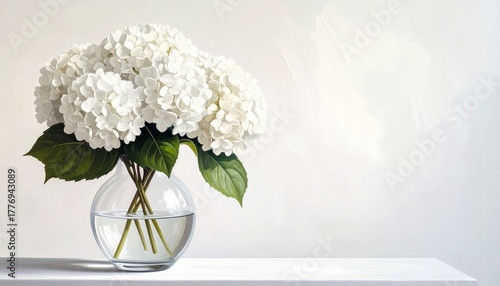white hydrangeas, vast, painting, watercolor, still life, green, leaves, leaf, ambient, wall art