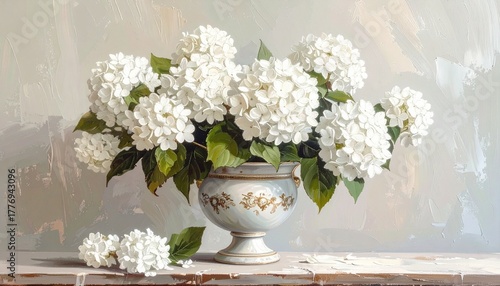 white hydrangeas, vast, painting, watercolor, still life, green, leaves, leaf, ambient, wall art