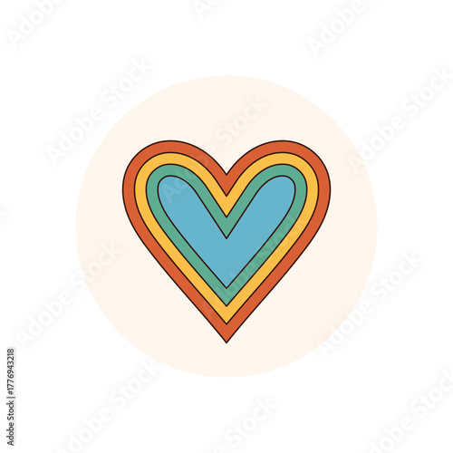 Groovy retro heart sticker in orange forms a bold circle label. Love motif on lid as y2k package or box seal. Vibrant style creates standout accent for stylish packaging.