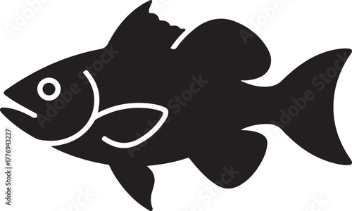 Black fish silhouette icon with white eye and fins vector
