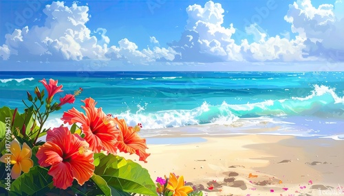 Tropical Beach Scene At Sunset With Vibrant Hibiscus Flowers And Gentle Waves Under A Cloudy Blue Sky