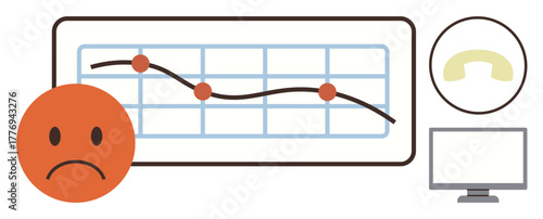 Downward trending line graph with sad face emotion, classic phone icon, and computer monitor. Ideal for business loss, analytics, communication issues, technology, finance, statistics simple flat