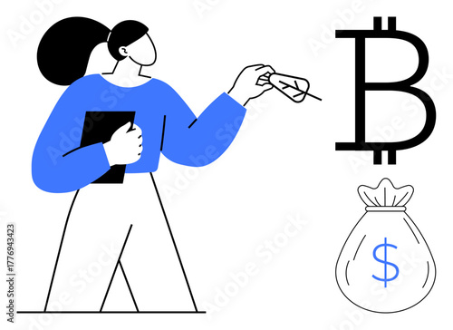Confident woman holding a notebook and pointing at a Bitcoin sign near a money bag. Ideal for finance, cryptocurrency, blockchain, investment, financial planning, savings tips, digital currency