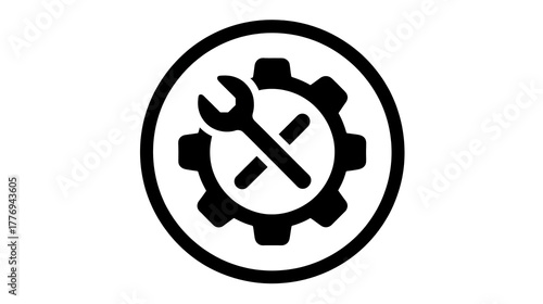 A black and white image of a wrench and a gear