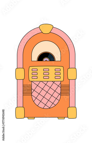 Retro groovy jukebox vinyl box in orange style, classic vintage music record audio player. Groovy element and y2k box bring nostalgic mood, colorful illustration for fun music themes.