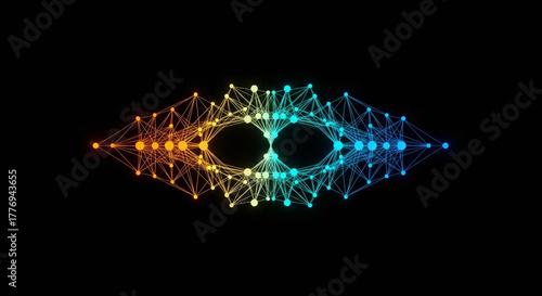Wallpaper Mural Neural network diagram glowing nodes connected by lines in gradient colors forming symmetrical abstract eye shape with dark background conveying futuristic digital connection and technology energy Torontodigital.ca