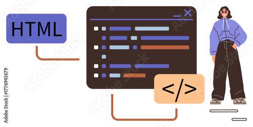 Person beside a coding interface with colorful syntax highlighting, HTML and closing tags. Ideal for development, web design, programming, education, innovation, creativity technology. Simple flat