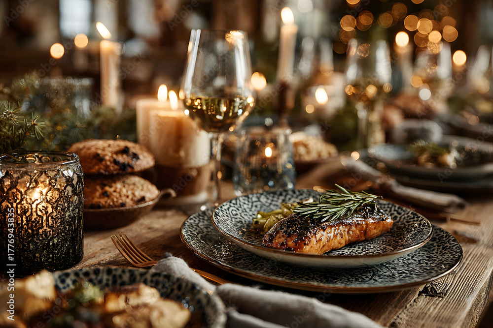 Fototapeta premium winter holidays, dinner party and celebration concept - close up of scandinavian christmas table serving with burning candles at home at night