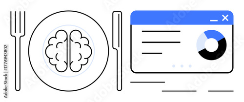 Fork and knife beside plate featuring brain, paired with a data dashboard. Ideal for education, learning, knowledge, data analysis, nutrition of mind, personal growth, simple flat metaphor